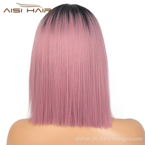 Aisi Hair 14 Inch Short Bob Ombre Pink Dark Root Wig Swiss Lace Wig Cosplay Synthetic Lace Frontal Wigs For Black Women